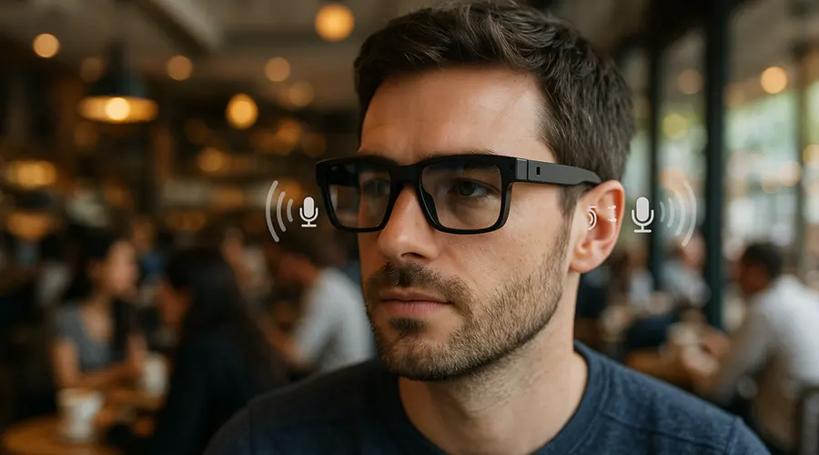 ar vr in audiology آینده سمعک با AR و VR : ناوبری صوتی هوشمند و تجربیات شنوایی مجازی کاربر در حال استفاده از عینک سمعک هوشمند
